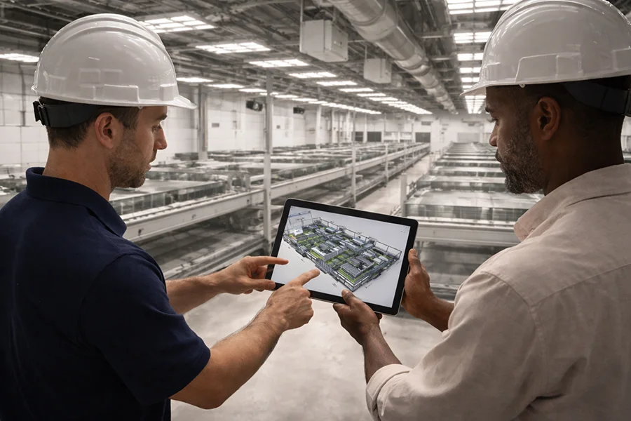Inspecting a large indoor plant canopy